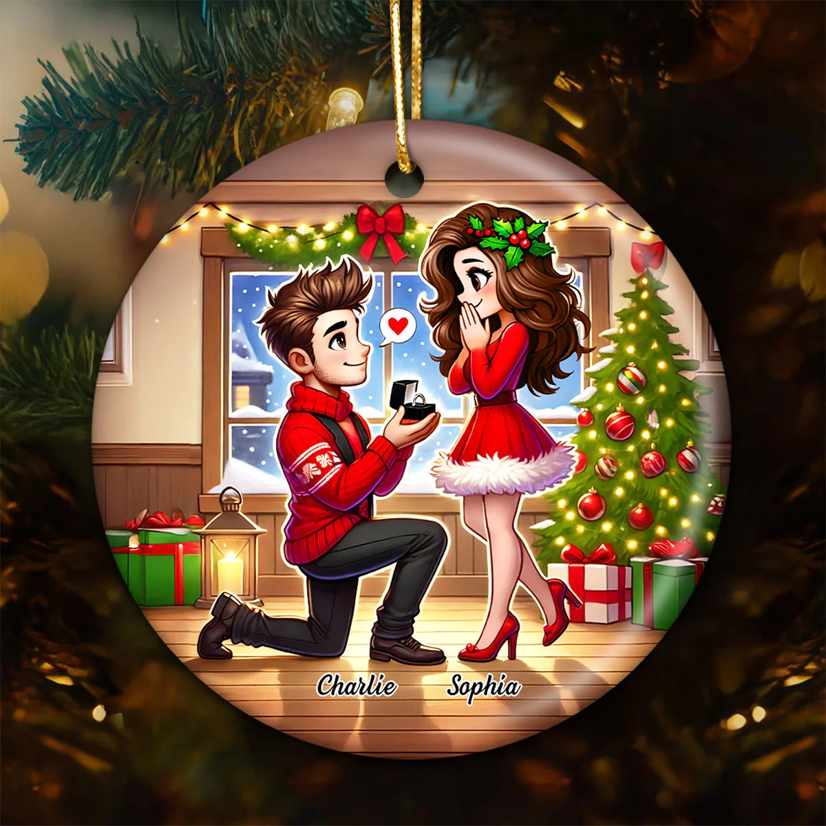 Cartoon Couple Marriage Proposal Personalized Christmas Ceramic Ornament, Custom Just Engaged Gifts for Couples