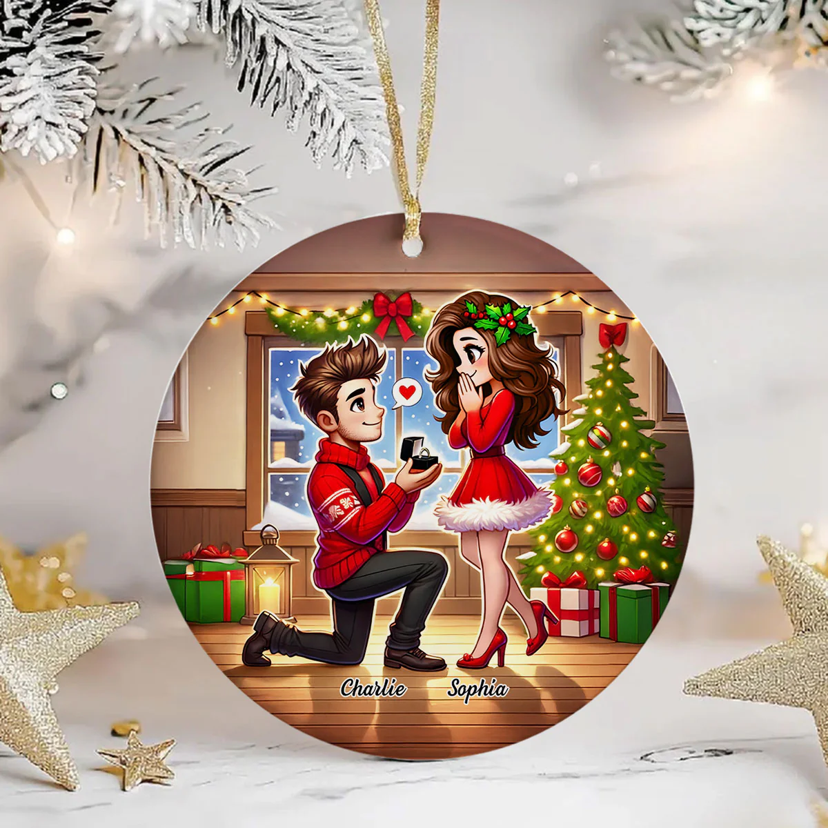 Cartoon Couple Marriage Proposal Personalized Christmas Ceramic Ornament, Custom Just Engaged Gifts for Couples - Image 2