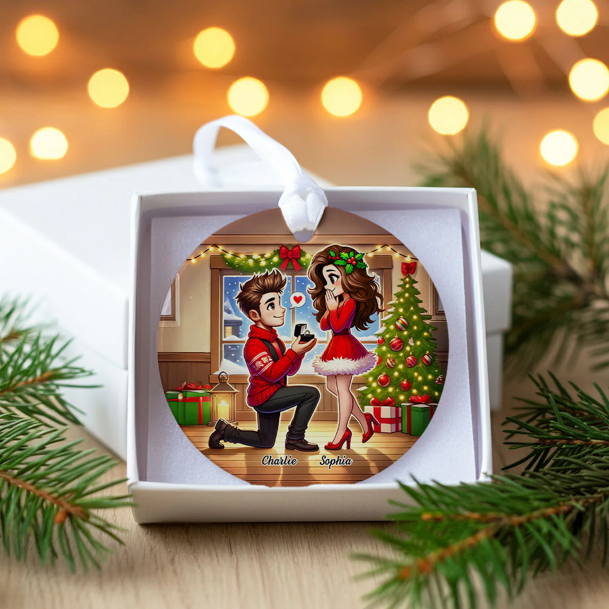 Cartoon Couple Marriage Proposal Personalized Christmas Ceramic Ornament, Custom Just Engaged Gifts for Couples - Image 4