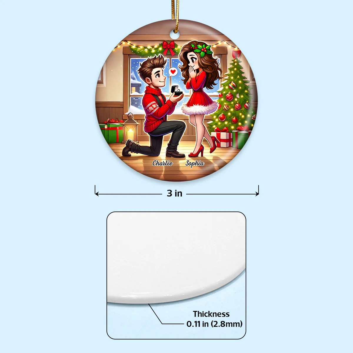 Cartoon Couple Marriage Proposal Personalized Christmas Ceramic Ornament, Custom Just Engaged Gifts for Couples - Image 5