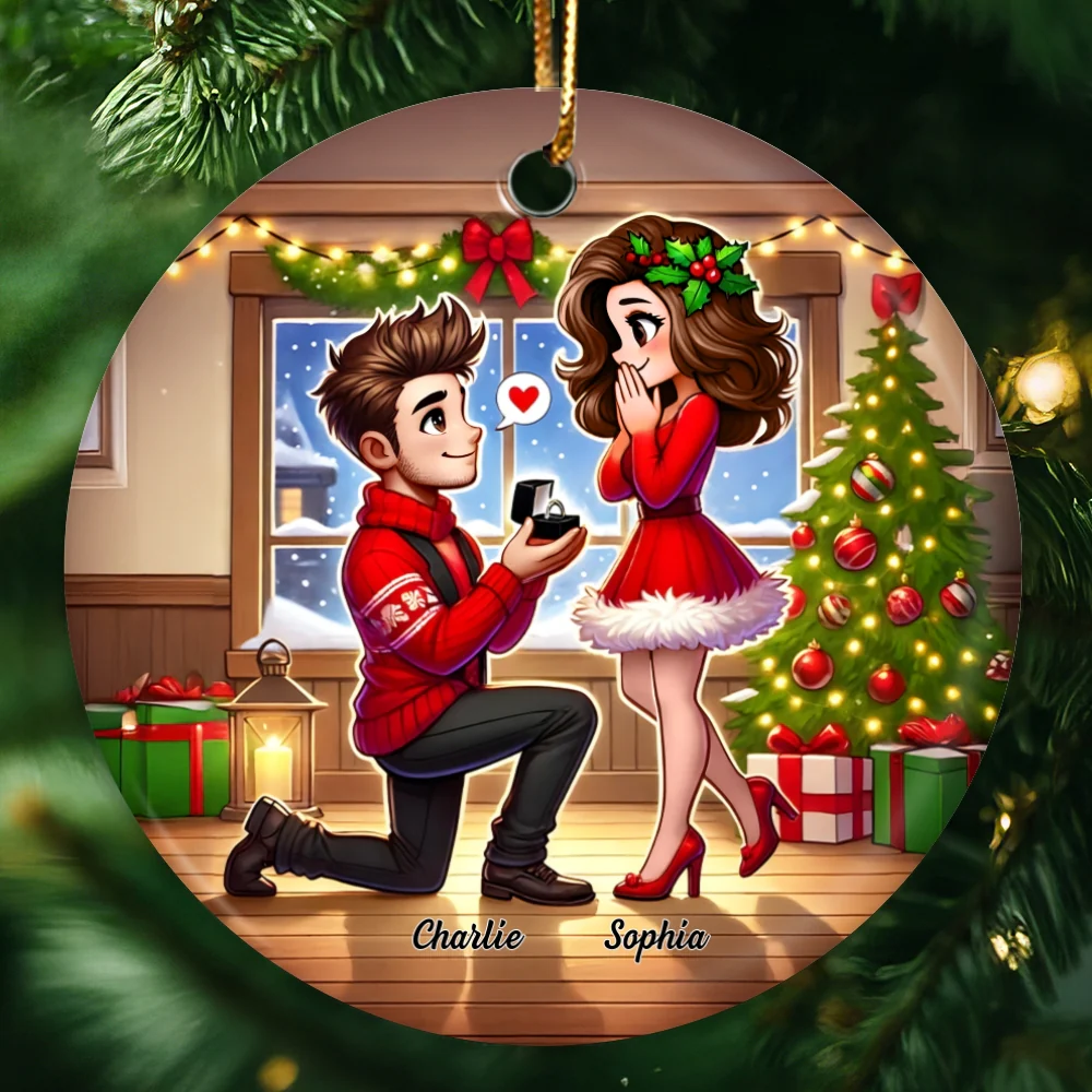 Cartoon Couple Marriage Proposal Personalized Christmas Ceramic Ornament, Custom Just Engaged Gifts for Couples - Image 7
