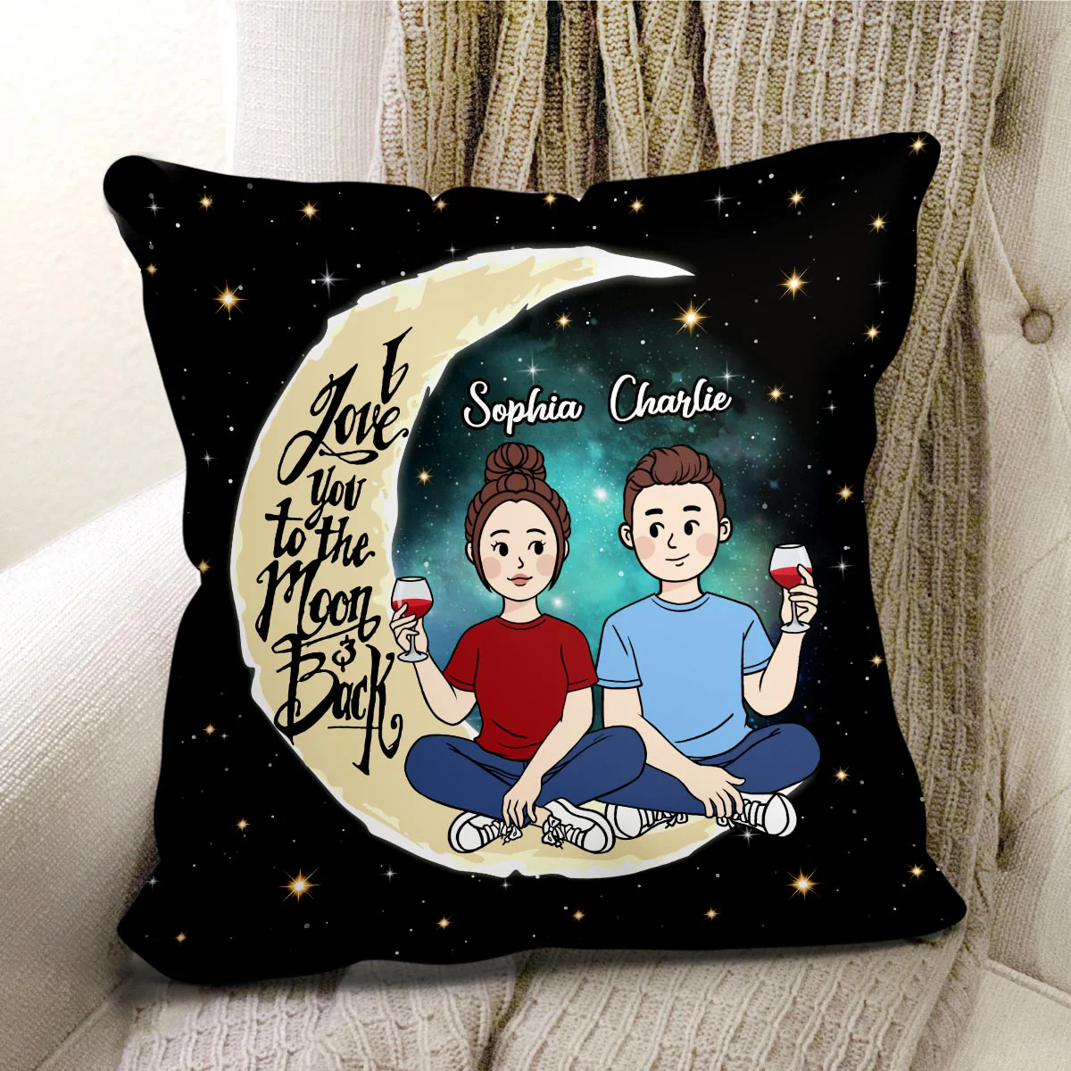Cartoon Couple On Moon Personalized Pillow - Image 2