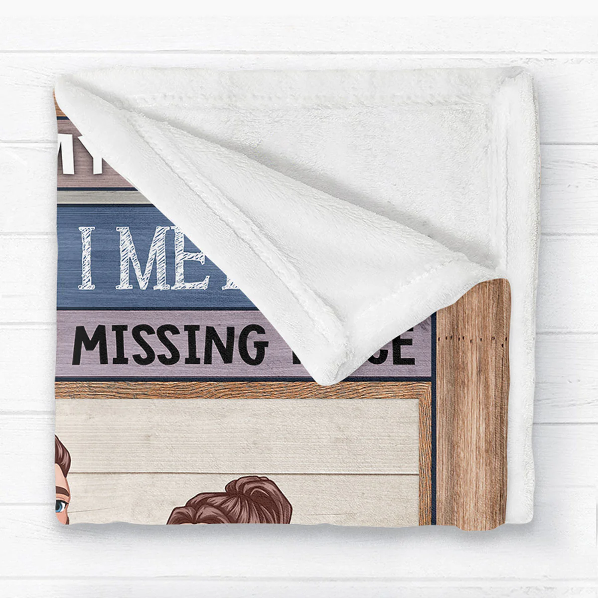 Cartoon Couple Sitting Blue Wood Texture The Day I Met You Personalized Fleece Blanket - Image 2