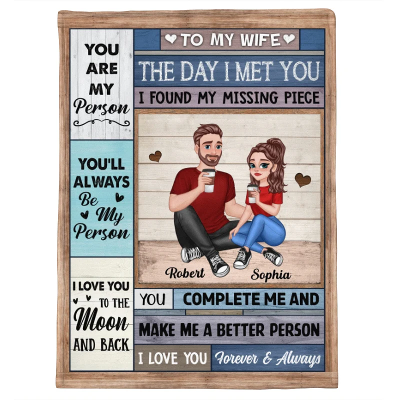 Cartoon Couple Sitting Blue Wood Texture The Day I Met You Personalized Fleece Blanket - Image 5