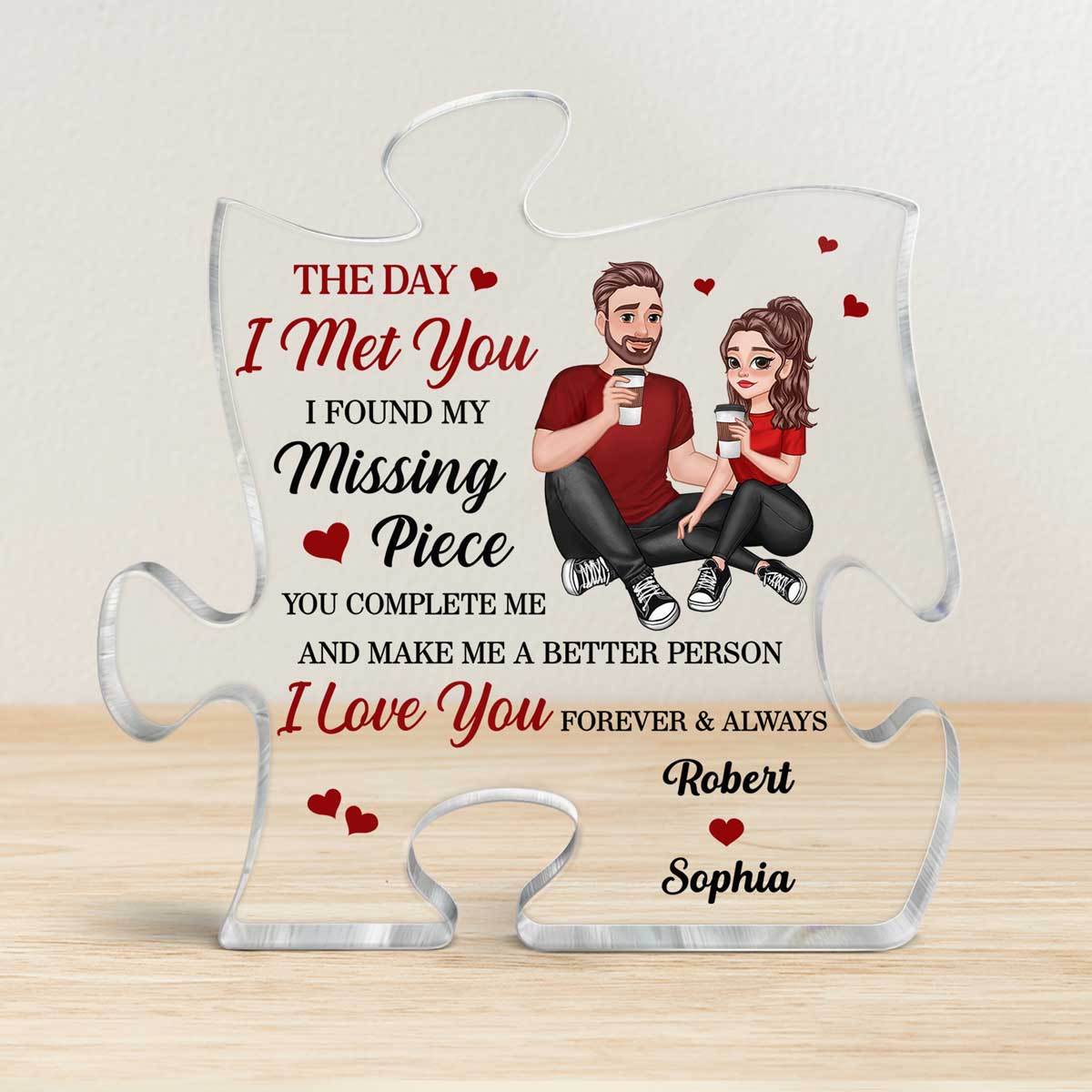 Cartoon Couple Sitting Found My Missing Piece Anniversary Gift For Him For Her Personalized Puzzle Acrylic Plaque