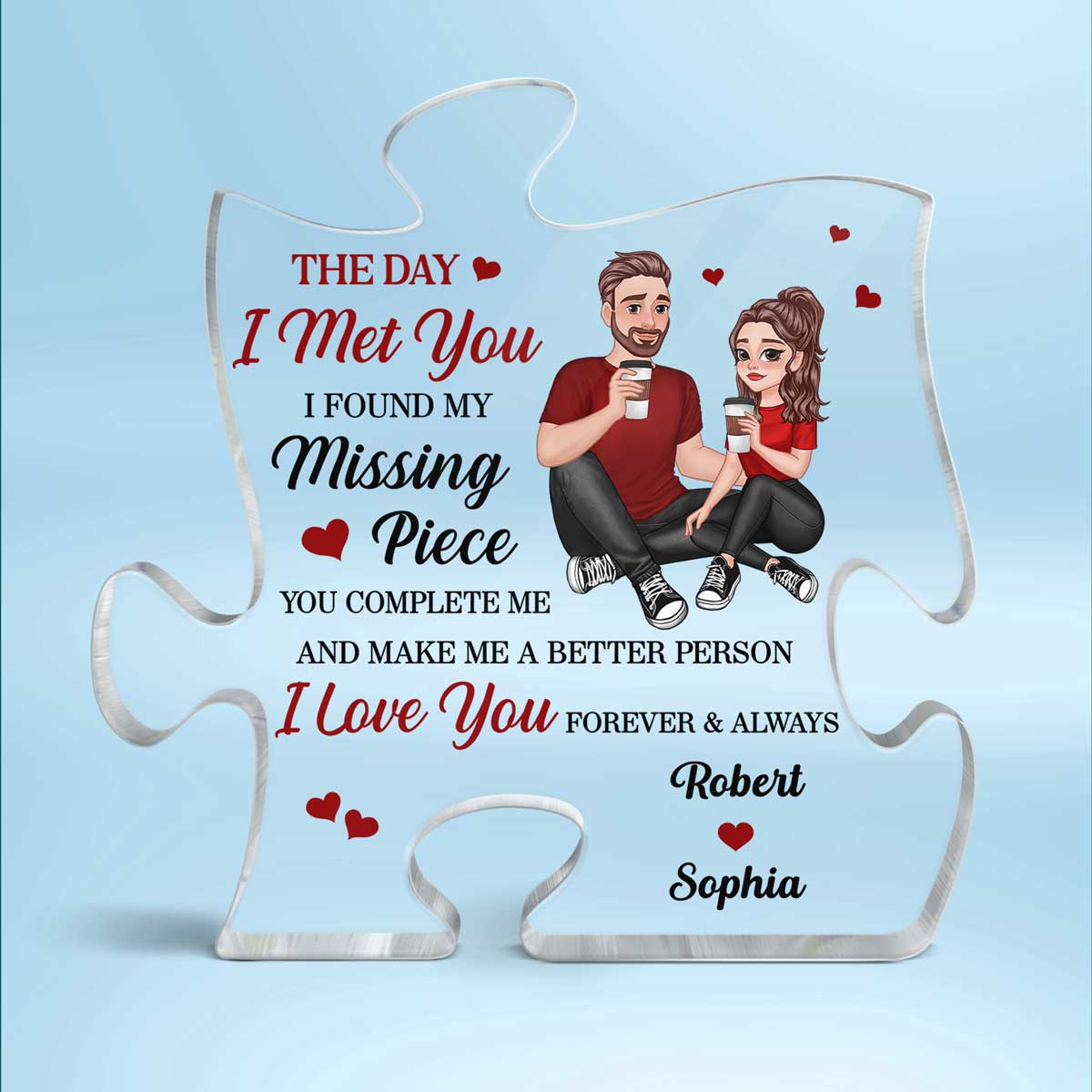 Cartoon Couple Sitting Found My Missing Piece Anniversary Gift For Him For Her Personalized Puzzle Acrylic Plaque - Image 2