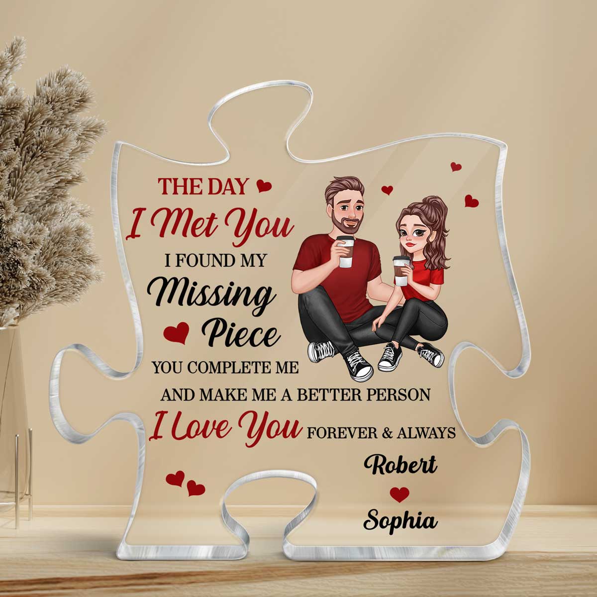 Cartoon Couple Sitting Found My Missing Piece Anniversary Gift For Him For Her Personalized Puzzle Acrylic Plaque - Image 3