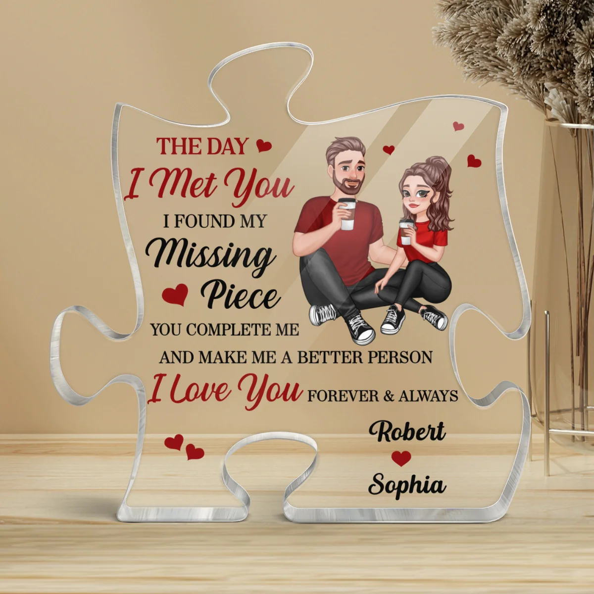Cartoon Couple Sitting Found My Missing Piece Anniversary Gift For Him For Her Personalized Puzzle Acrylic Plaque - Image 4