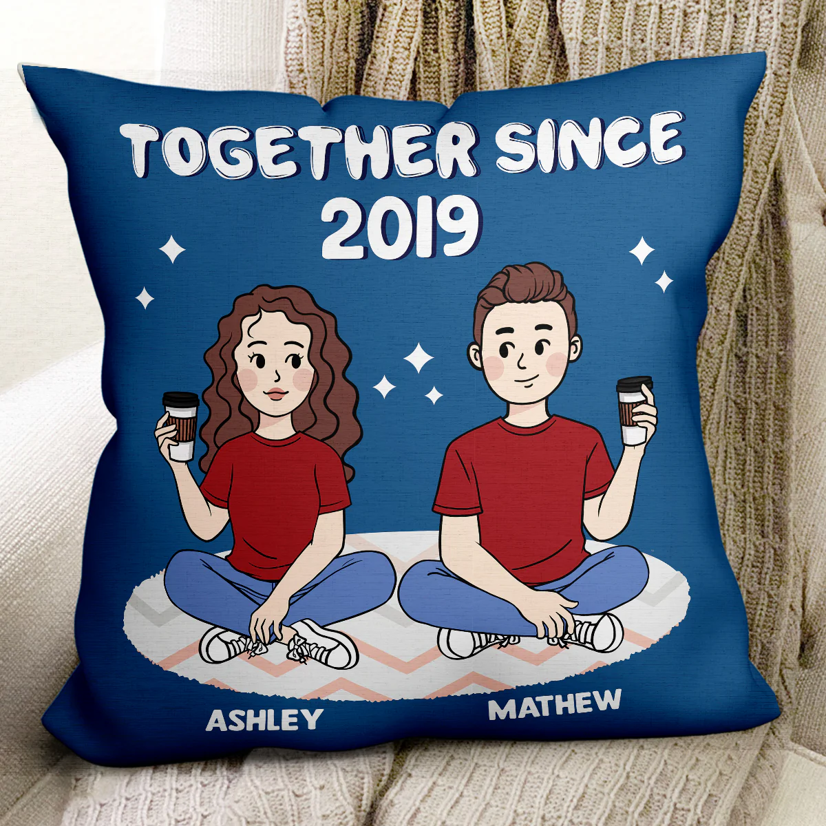 Cartoon Couple Sitting Gift For Him Gift For Her Personalized Pillow - Image 2