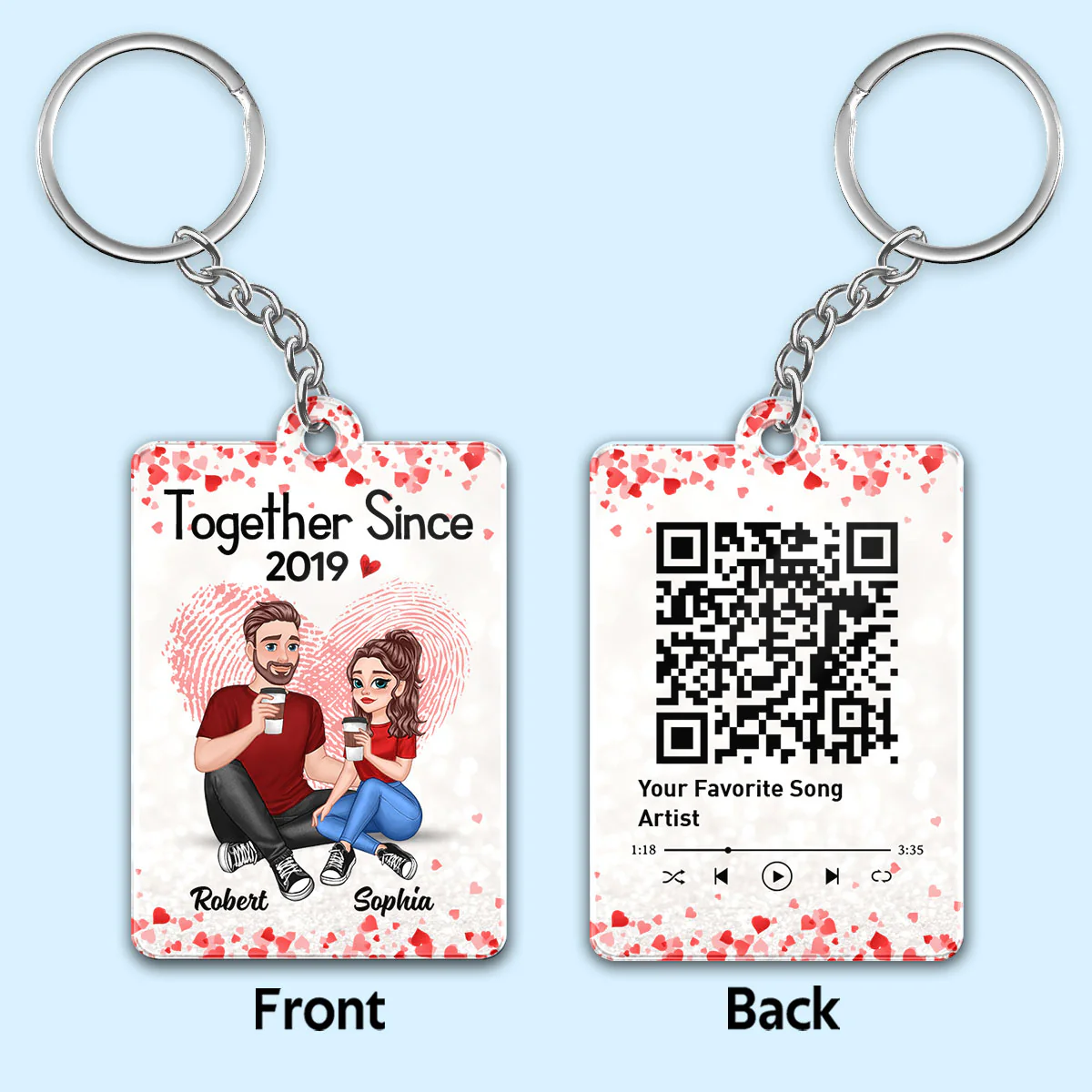 Cartoon Couple Sitting Together Since Fingerprint Heart Favorite Song Scannable QR Code Personalized Acrylic Keychain