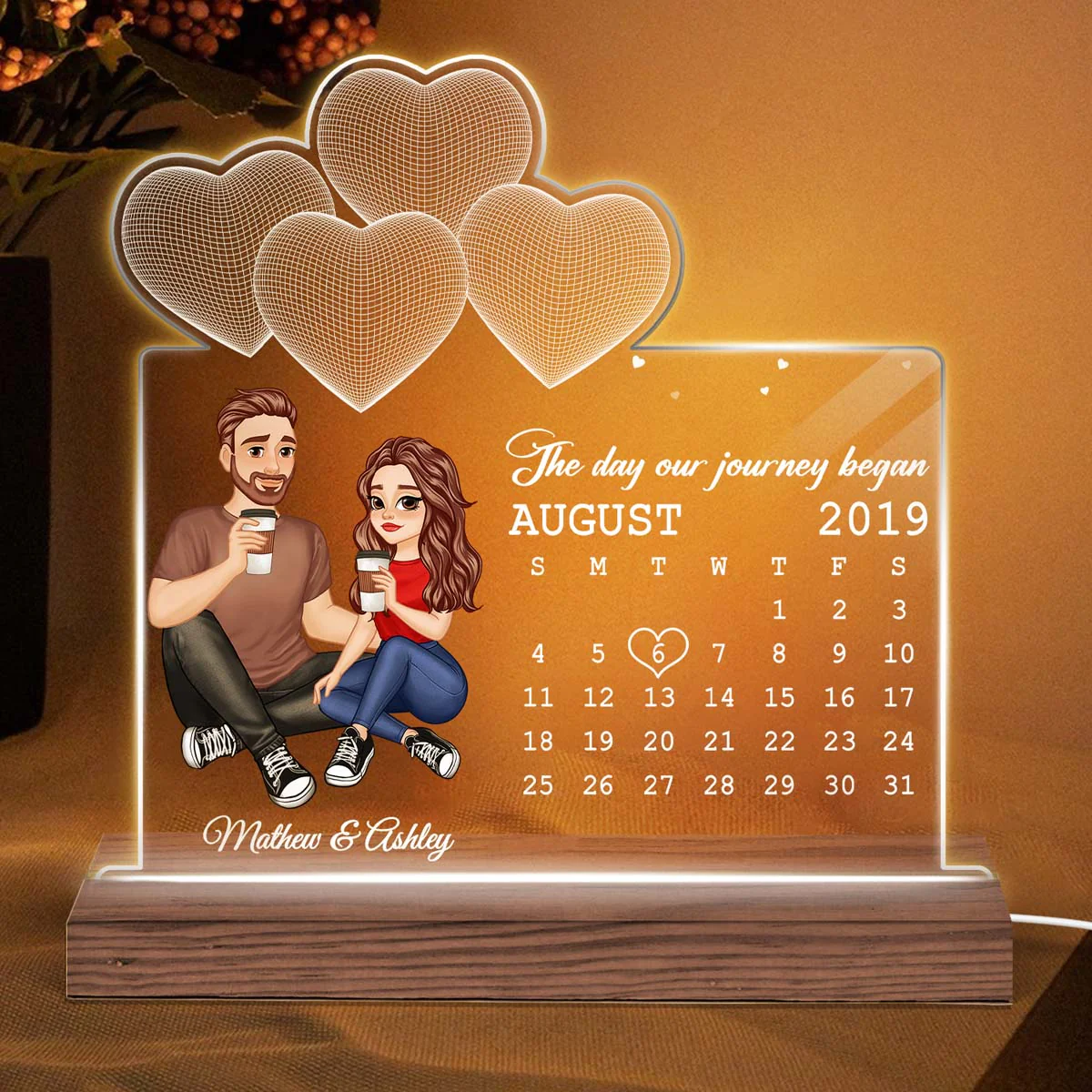 Cartoon Couple Sitting Under 3D Heart Calendar Anniversary Gift For Him Gift For Her Personalized Custom Shaped Acrylic Plaque LED Night Light - Image 2