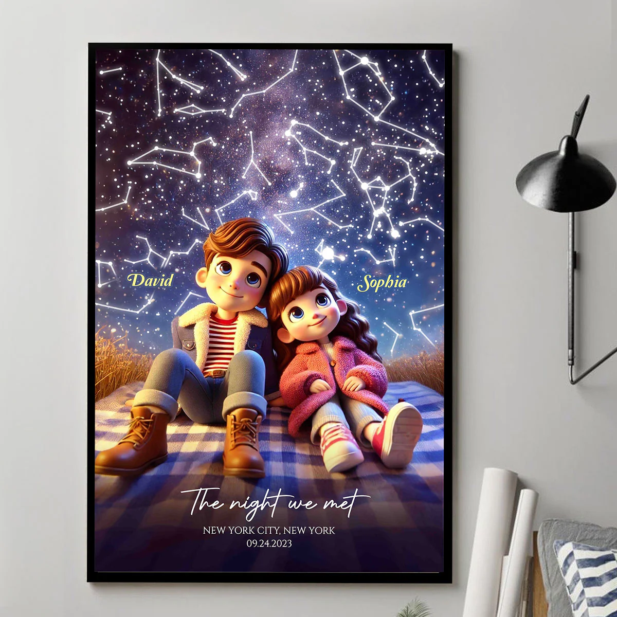 Cartoon Couple Sitting Under the Starry Night Personalized Poster, Custom Star Map by Date & Location, Anniversary, Birthday Gift for him, Gift for her - Image 2