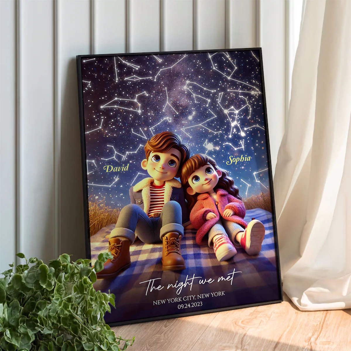 Cartoon Couple Sitting Under the Starry Night Personalized Poster, Custom Star Map by Date & Location, Anniversary, Birthday Gift for him, Gift for her - Image 4