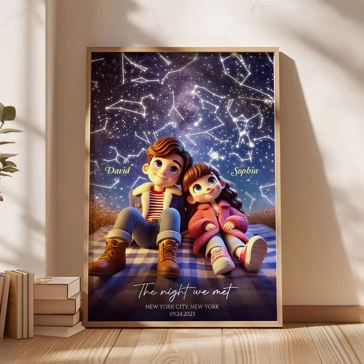 Cartoon Couple Sitting Under the Starry Night Personalized Poster, Custom Star Map by Date & Location, Anniversary, Birthday Gift for him, Gift for her - Image 5