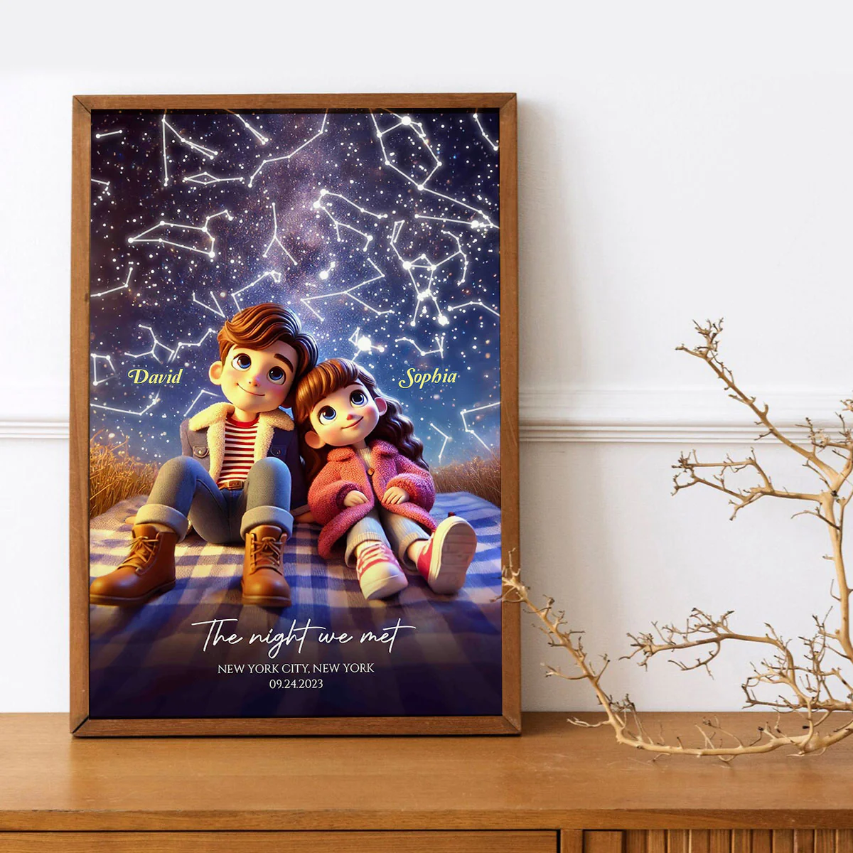 Cartoon Couple Sitting Under the Starry Night Personalized Poster, Custom Star Map by Date & Location, Anniversary, Birthday Gift for him, Gift for her - Image 6