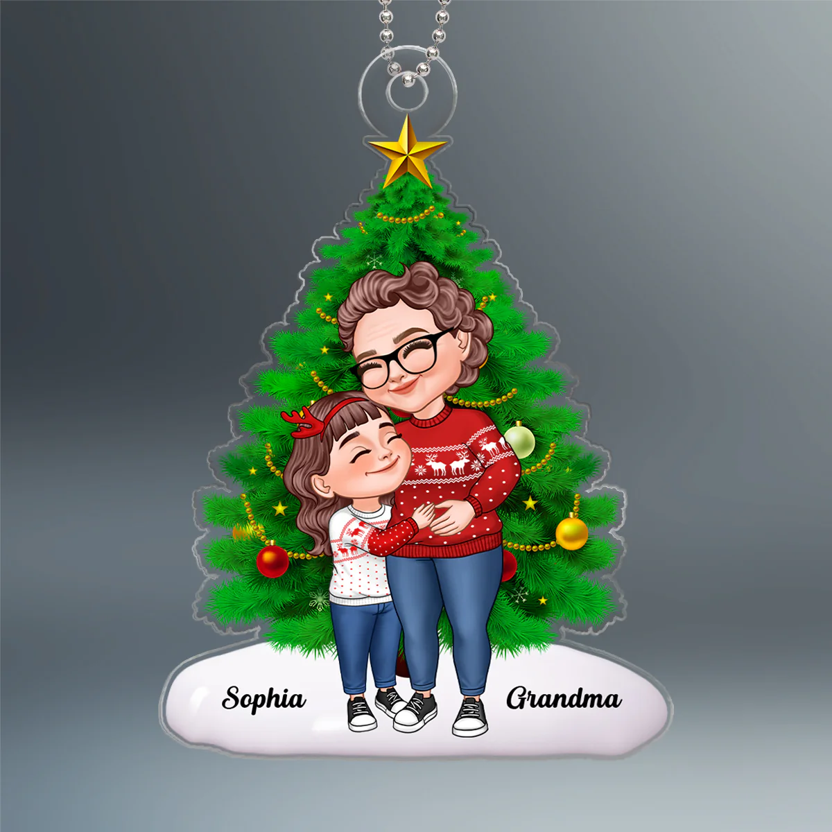 Cartoon Grandma & Grandkid Hugging By Christmas Tree Personalized Acrylic Ornament - Image 2