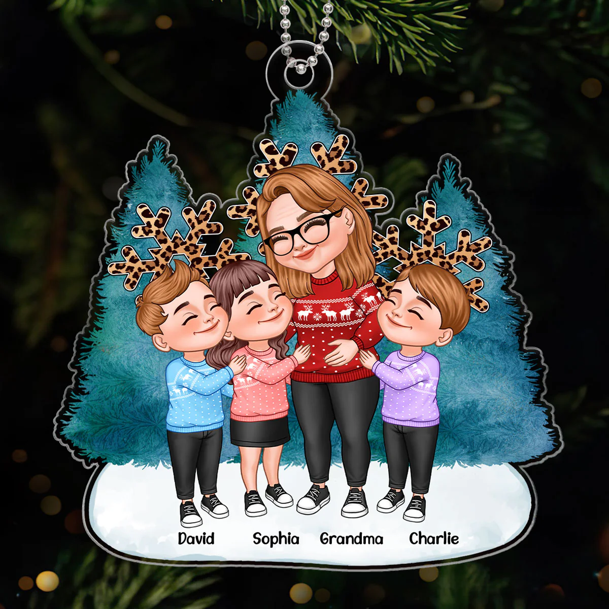 Cartoon Grandma & Grandkids Hugging Blue Christmas Tree Leopard Snowflakes Personalized Acrylic Ornament