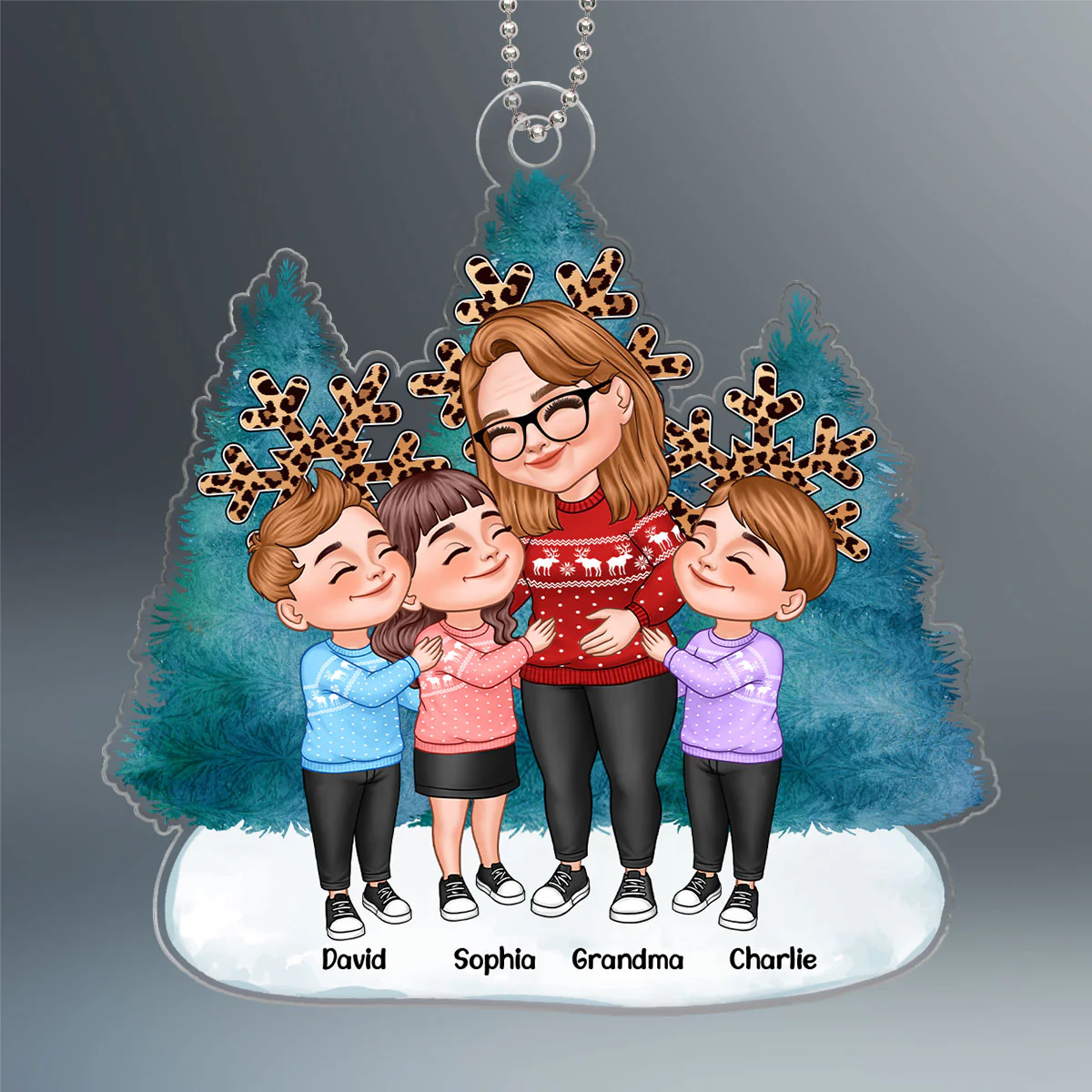 Cartoon Grandma & Grandkids Hugging Blue Christmas Tree Leopard Snowflakes Personalized Acrylic Ornament - Image 2