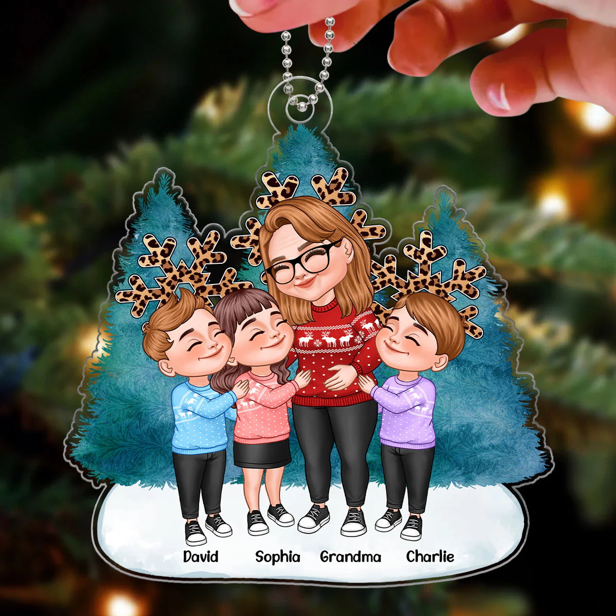 Cartoon Grandma & Grandkids Hugging Blue Christmas Tree Leopard Snowflakes Personalized Acrylic Ornament - Image 3