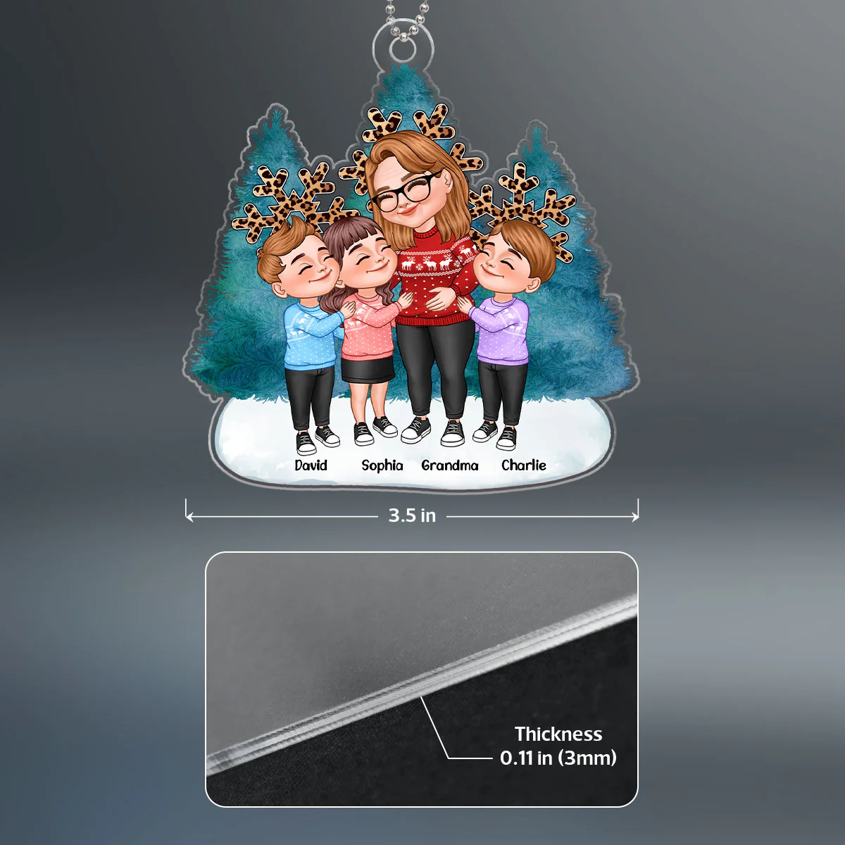 Cartoon Grandma & Grandkids Hugging Blue Christmas Tree Leopard Snowflakes Personalized Acrylic Ornament - Image 4