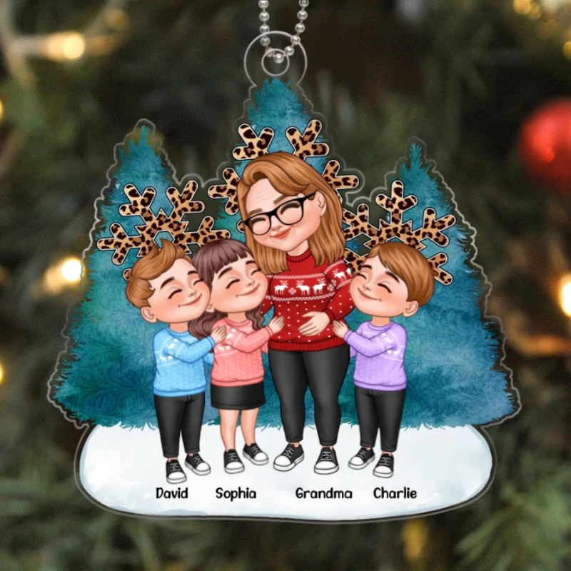 Cartoon Grandma & Grandkids Hugging Blue Christmas Tree Leopard Snowflakes Personalized Acrylic Ornament - Image 5