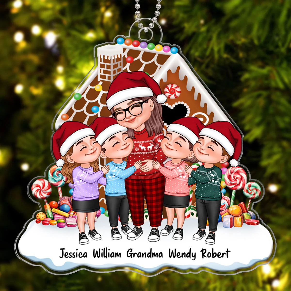 Cartoon Grandma & Grandkids Hugging Gingerbread House Personalized Acrylic Ornament
