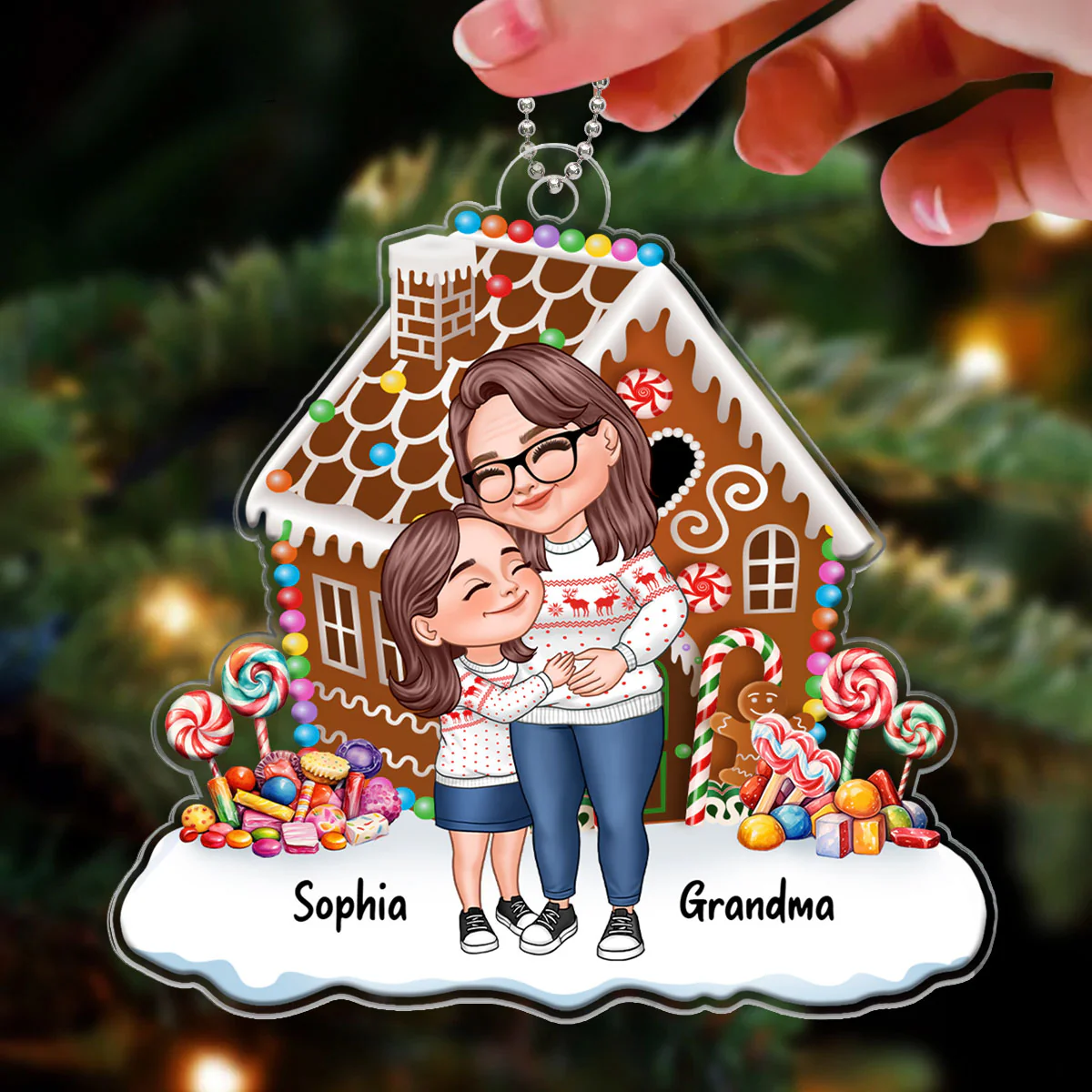 Cartoon Grandma & Grandkids Hugging Gingerbread House Personalized Acrylic Ornament - Image 3