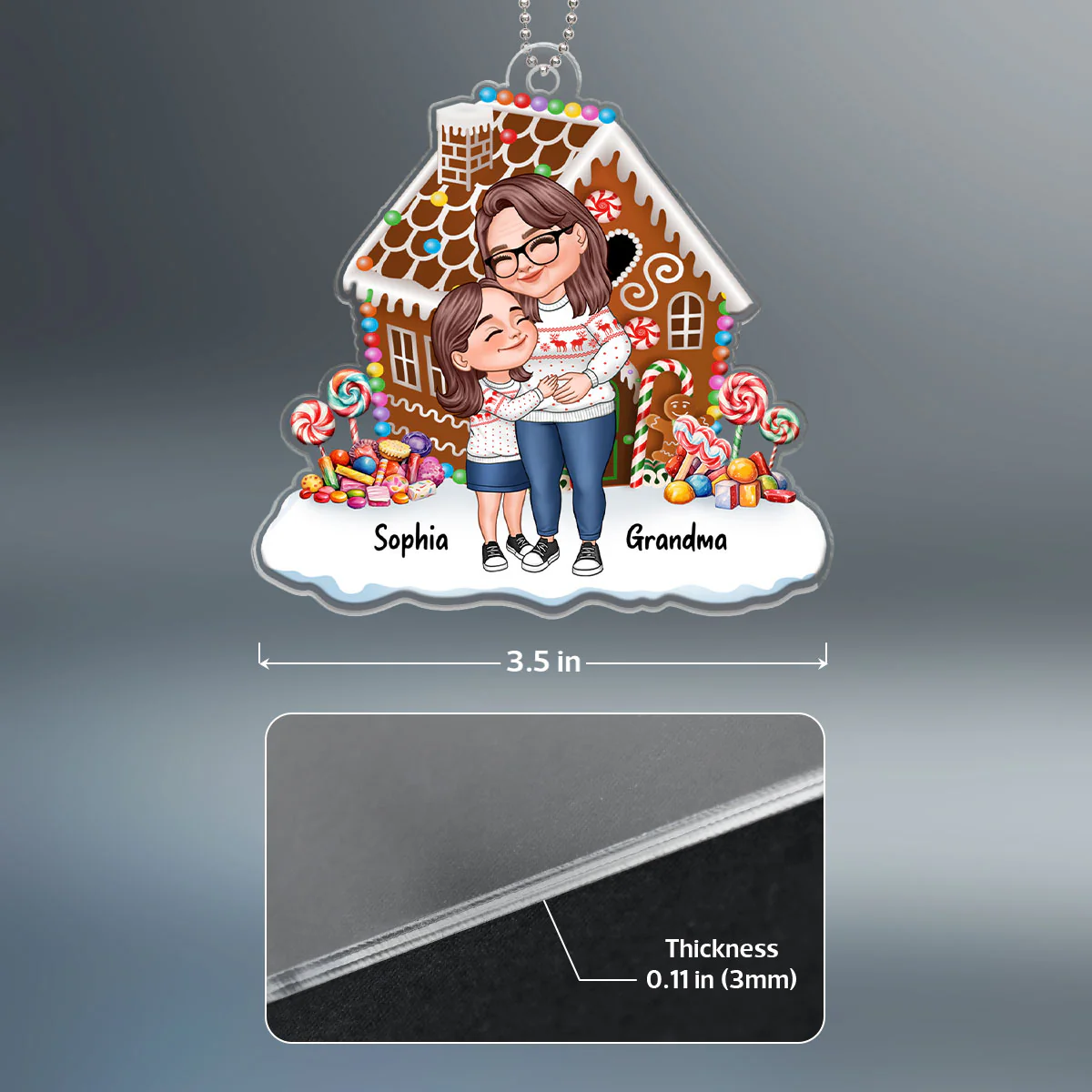 Cartoon Grandma & Grandkids Hugging Gingerbread House Personalized Acrylic Ornament - Image 4