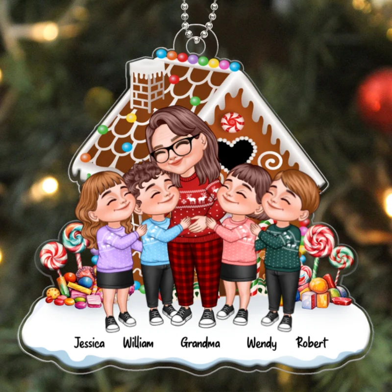Cartoon Grandma & Grandkids Hugging Gingerbread House Personalized Acrylic Ornament - Image 5