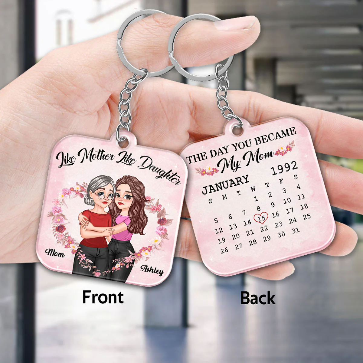 Cartoon Hugging Mother Daughter Calendar Date Personalized Acrylic Keychain - Image 2