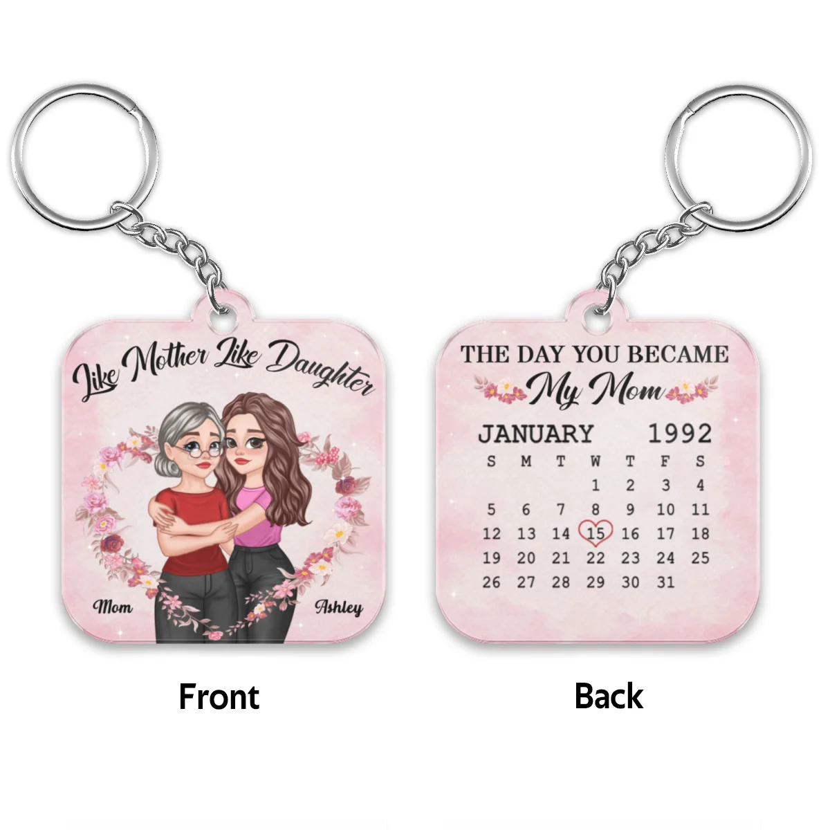 Cartoon Hugging Mother Daughter Calendar Date Personalized Acrylic Keychain - Image 4