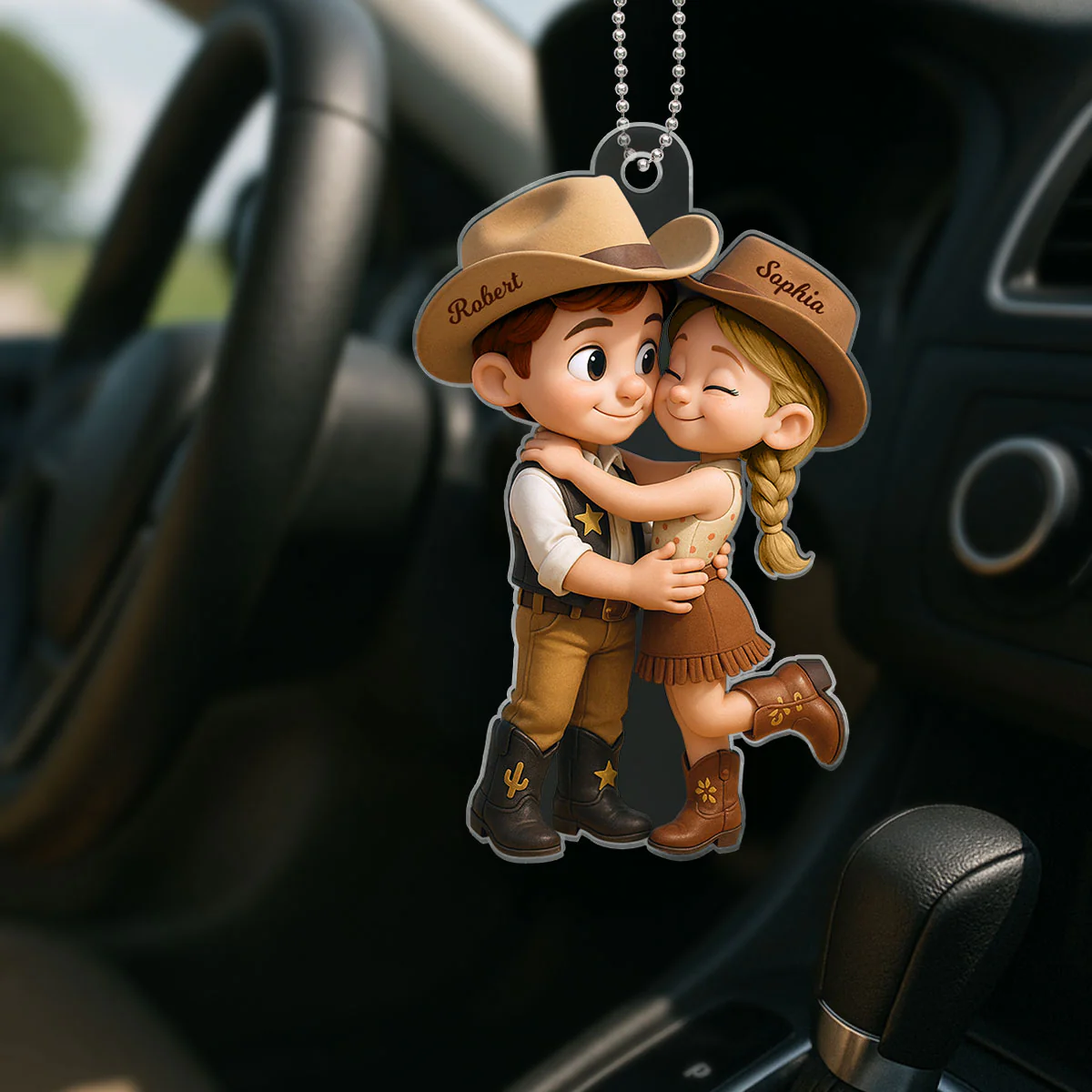 Cartoon Style Countryside Couple Cowboy Cowgirl Car Accessories Personalized Car Hanger Ornament - Image 5