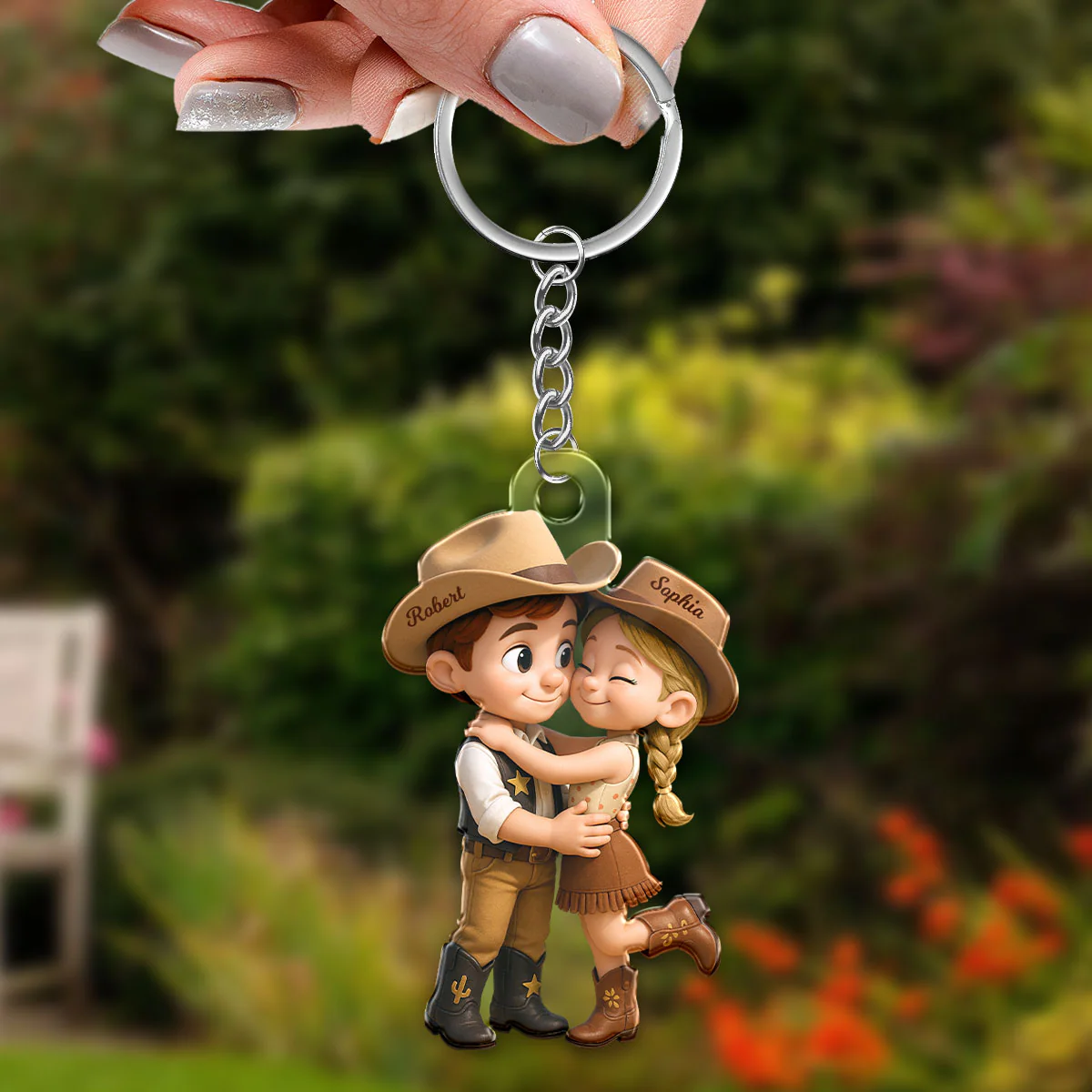 Cartoon Style Countryside Couple Cowboy Cowgirl Couple Matching Personalized Acrylic Keychain - Image 3