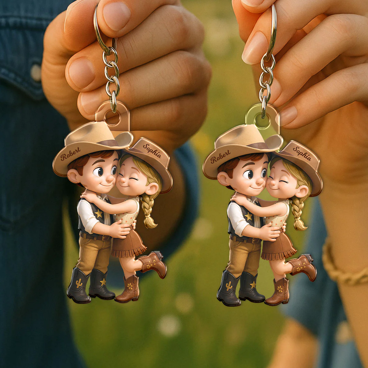 Cartoon Style Countryside Couple Cowboy Cowgirl Couple Matching Personalized Acrylic Keychain - Image 4