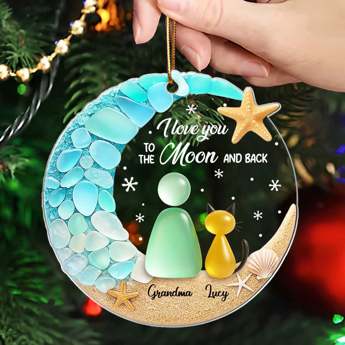Cat And Owner On The Moon Sea Glass - Personalized Acrylic Ornament - Christmas Gift For Cat Lovers - Image 4