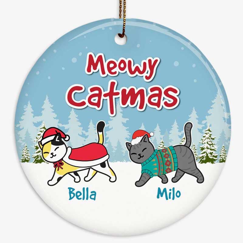 Cat Christmas Walking In The Snow Personalized Circle Ornament - Image 2