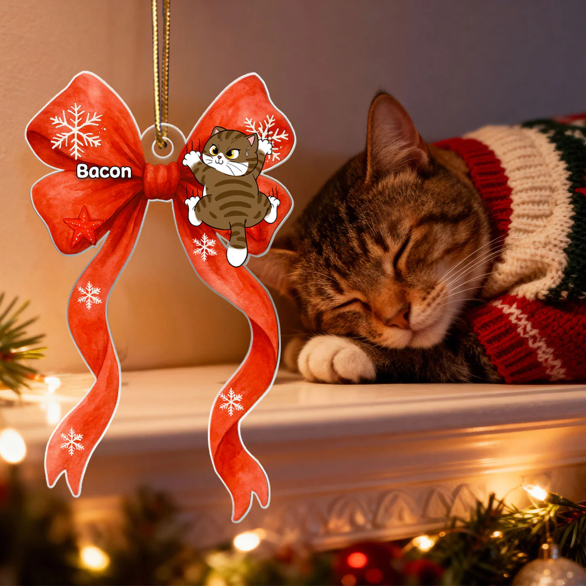 Cat Climbing Christmas Coquette - Personalized Acrylic Ornament - Christmas Gift for Cat Lovers - Image 8