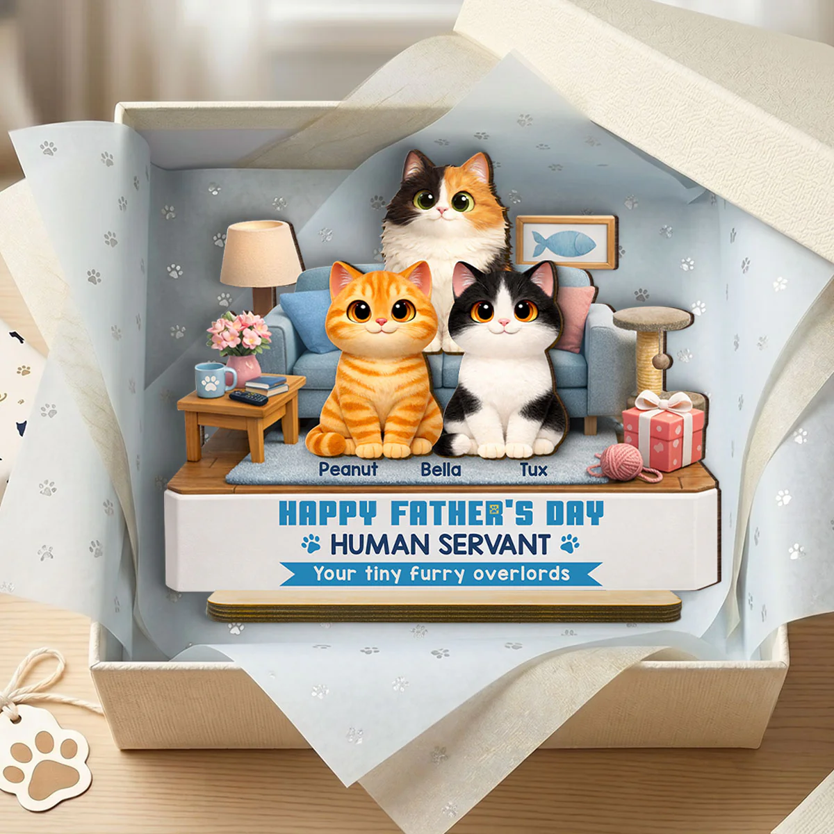 Cat Dad Cute Fluffy Cats Happy  Human Servant - Personalized 2-Layered Wooden Plaque - Funny  Gift For Cat Dad, Cat Lovers - Image 3