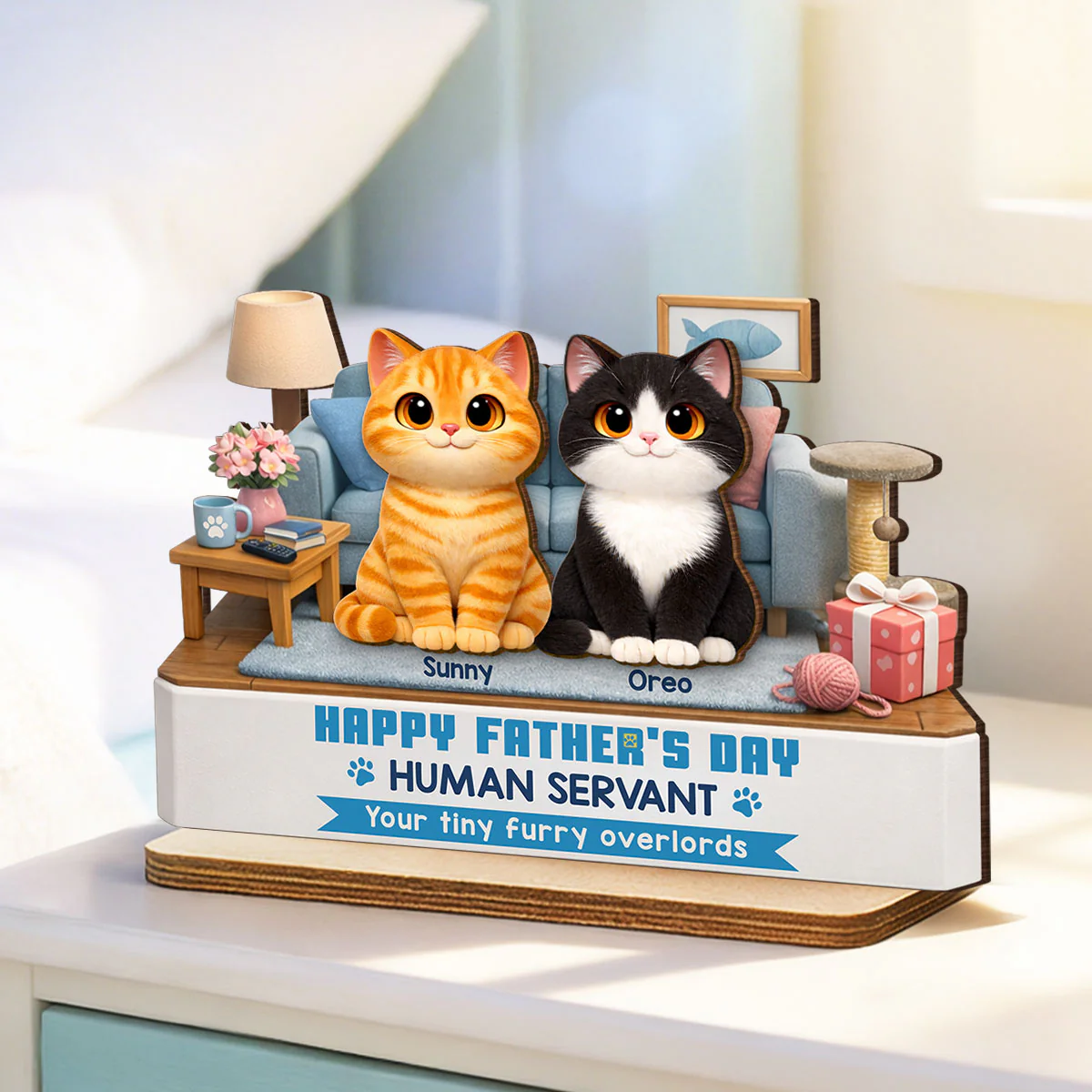 Cat Dad Cute Fluffy Cats Happy  Human Servant - Personalized 2-Layered Wooden Plaque - Funny  Gift For Cat Dad, Cat Lovers - Image 5