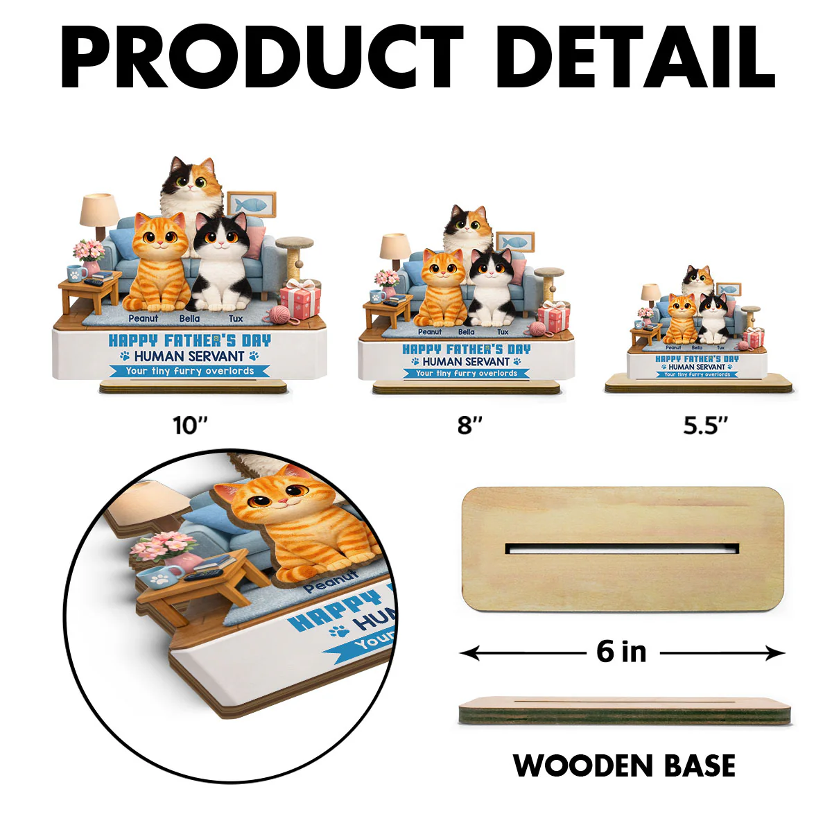Cat Dad Cute Fluffy Cats Happy  Human Servant - Personalized 2-Layered Wooden Plaque - Funny  Gift For Cat Dad, Cat Lovers - Image 7