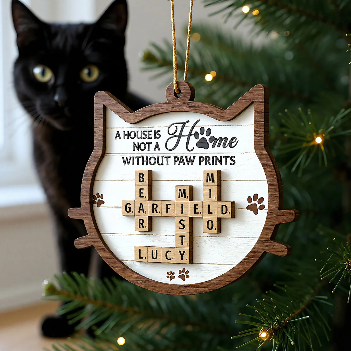 Cat Face Shape A House Is Not A Home Without Paw Prints Crossword Art Personalized 2-Layer Wooden Ornament - Image 13