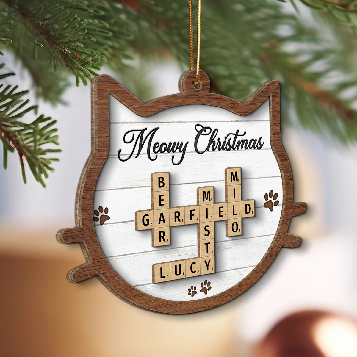 Cat Face Shape A House Is Not A Home Without Paw Prints Crossword Art Personalized 2-Layer Wooden Ornament - Image 3