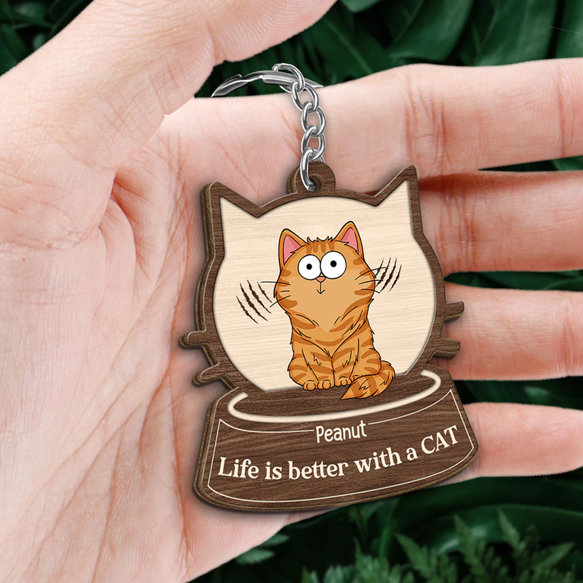 Cat Face Shaped Funny Cat Expressions Personalized Wooden Keychain - Image 2