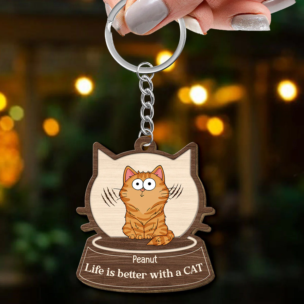 Cat Face Shaped Funny Cat Expressions Personalized Wooden Keychain - Image 3