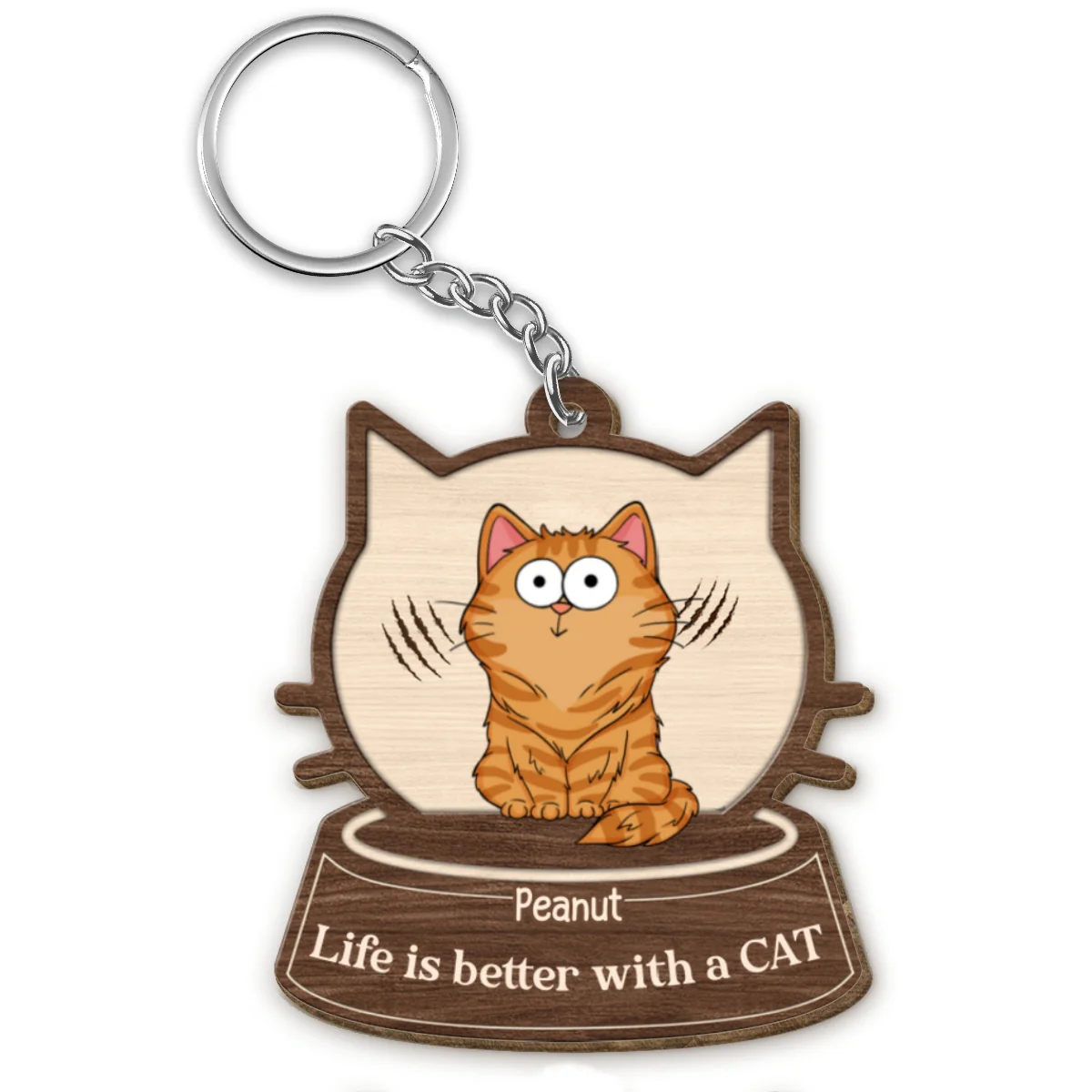 Cat Face Shaped Funny Cat Expressions Personalized Wooden Keychain - Image 4