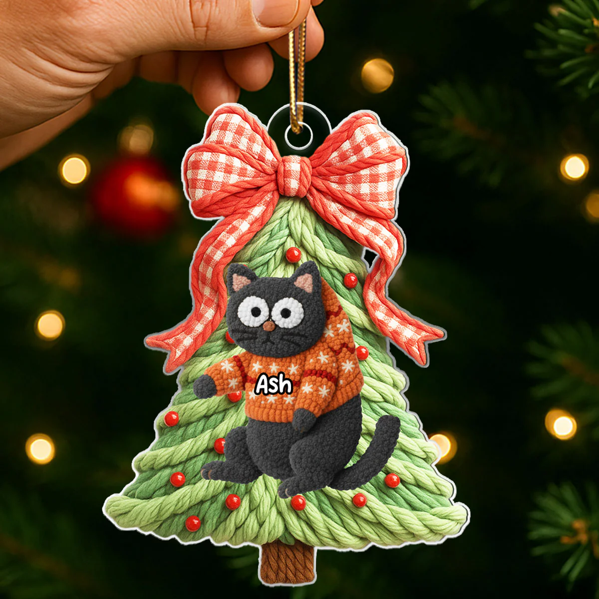 Cat Hanging on Christmas Tree Latch Hook Yarn Faux - Personalized Acrylic Ornament - Christmas Gift for Cat Lovers - Image 7