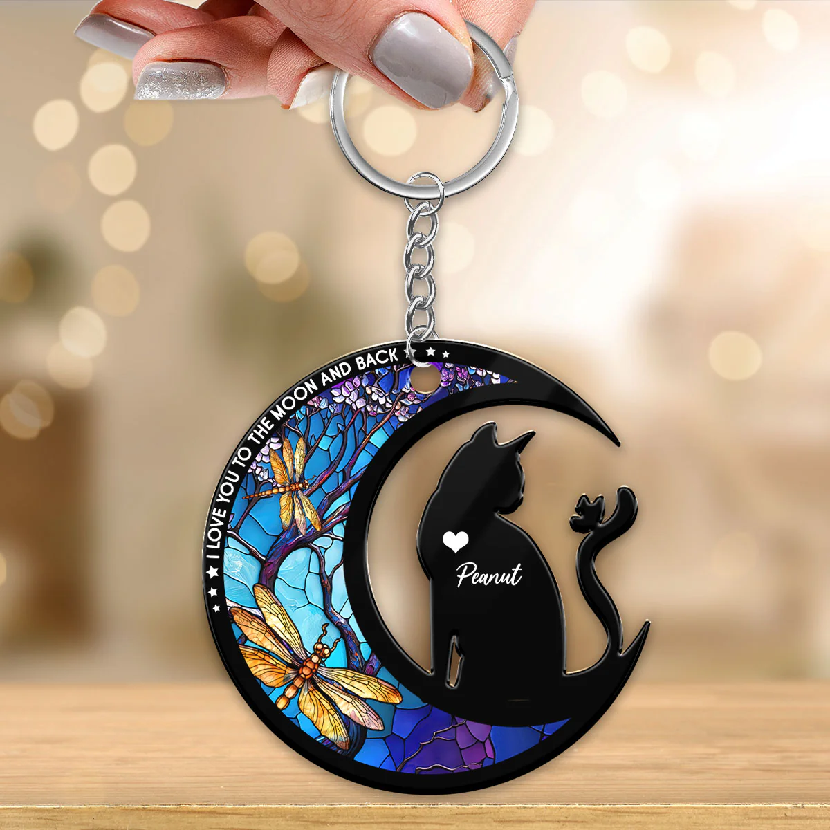 Cat Love To The Moon Personalized Memorial Keepsake Keychain - Image 3