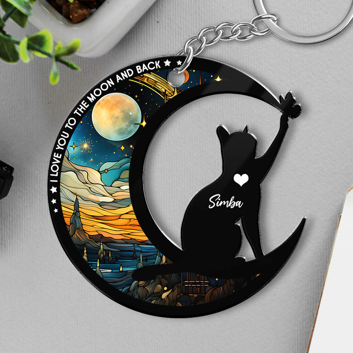 Cat Love To The Moon Personalized Memorial Keepsake Keychain - Image 4