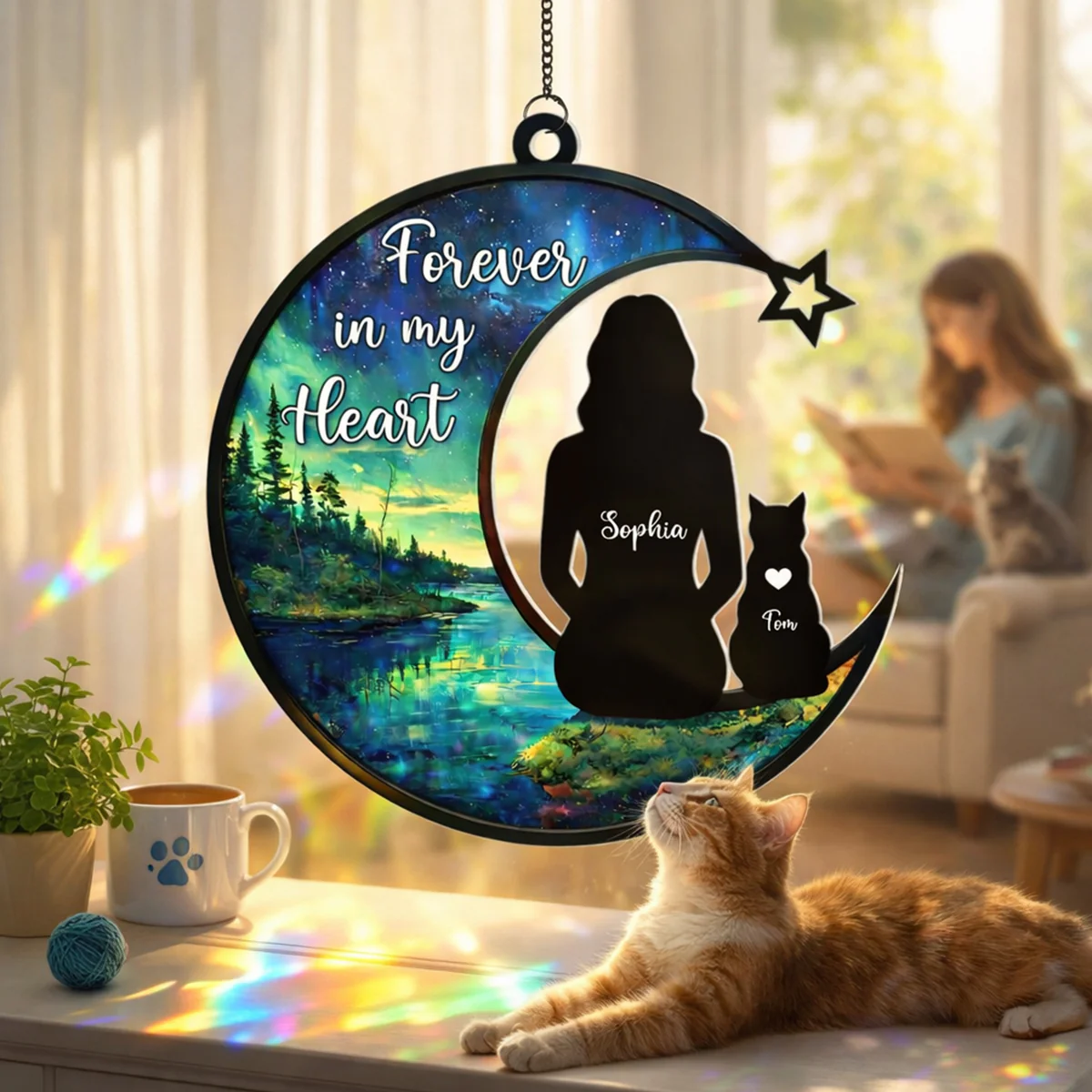 Cat Memorial Forever In My Heart - Personalized Stained Glass Suncatcher Ornament - Gift For Cat Lovers, Cat Mom - Image 2