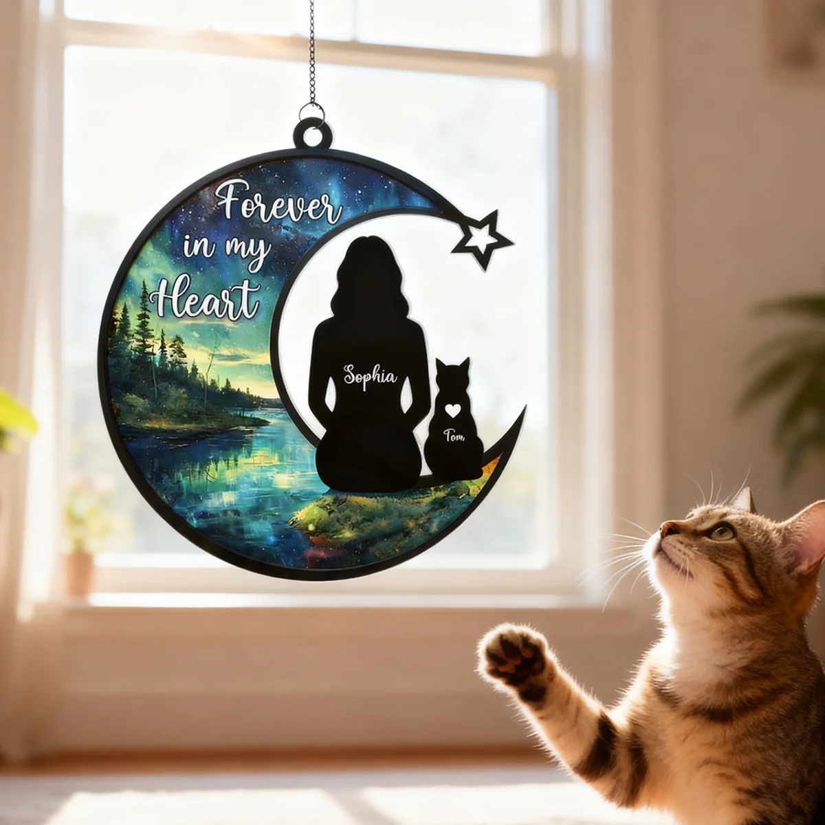 Cat Memorial Forever In My Heart - Personalized Stained Glass Suncatcher Ornament - Gift For Cat Lovers, Cat Mom - Image 5